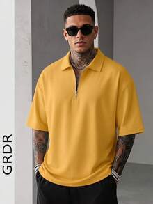 GRDR 男士夏季半拉鍊 Polo 短袖 T 恤，純色經典款，適合戶外休閒穿著 - 黃色 - 查看 5