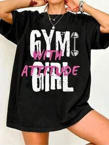 Gym T-Shirt With Barbell, Plus Size - Black - View 1