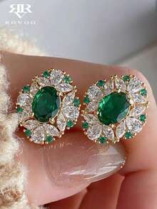 1 Pair Premium Emerald Green Synthetic Zirconia Exquisite Unique Glamorous Elegant Party Ball Wedding Bridal Women Copper Alloy Stud Earrings - Green - View 1