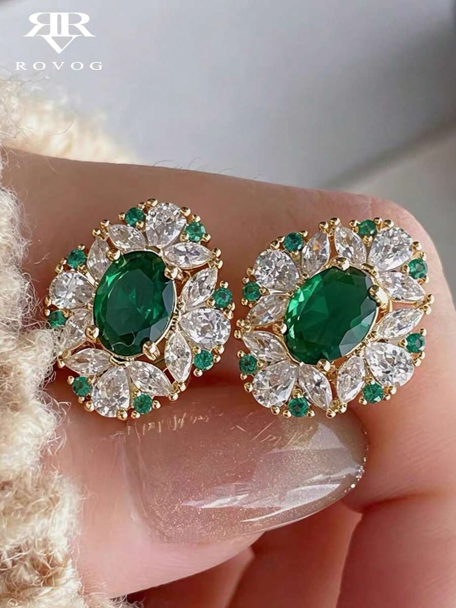 1 Pair Premium Emerald Green Synthetic Zirconia Exquisite Unique Glamorous Elegant Party Ball Wedding Bridal Women Copper Alloy Stud Earrings - Green - View 1