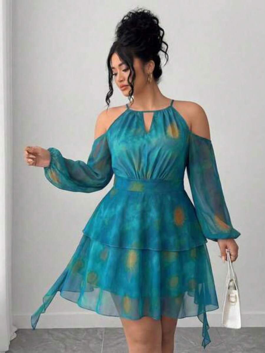 Vestido de mujer con cuello corazón, mangas farol y hombros descubiertos de unicolor - Multicolor - Ver 1