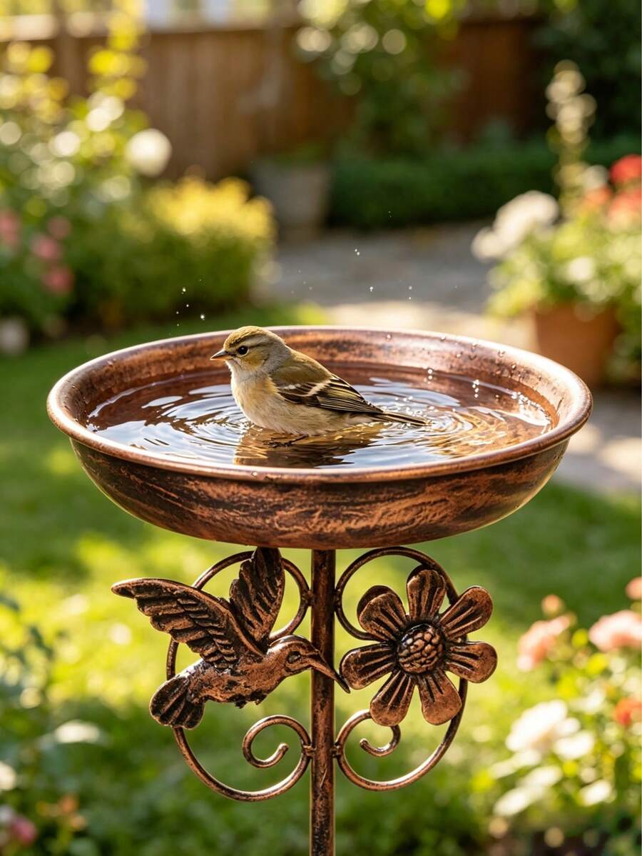 Iron Bird Bath And Feeder, Multiple Sculptural Designs Available, With 5-Prong Rust-Resistant Fixed Feet, Sturdy Outdoor Standing, Suitable For Garden And Yard Decoration, Can Be Used For Bird Drinking And Bathing, Easy To Clean