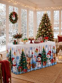 قطعة واحدة من تنورة طاولة عيد الميلاد، تنورة طاولة مستطيلة مطوية من البوليستر مع طباعة رجل الثلج والغزال وشجرة عيد الميلاد وصندوق الهدايا وعصا الحلوى، غطاء طاولة البوفيه والحلويات لحفلة عيد الميلاد وعشاء العطلات وديكور المنزل الشتوي - متعدد الألوان - مشاهدة 3