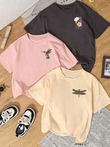 3pcs-Women's New Minimalist Pattern Casual Vacation Style Loose Versatile Round Neck Short Sleeve T-Shirt, Fashionable Daily Top. Summer - Multicolor - View 3
