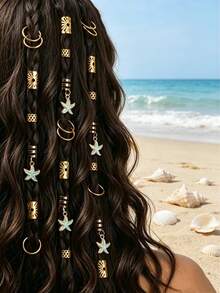 35/70 pièces Élastiques à cheveux série étoile de mer océan pour filles, ensemble d'anneaux à cheveux en alliage de style bohème vintage, convient pour la plage et les scènes de vacances - Multicolore - Voir 4