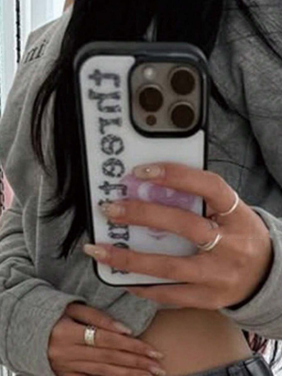 Korean Ins Niche Unnie Style Sweet & Cool Heart English Black Border Phone Case Compatible With IPhone 17 Pro Max/16 Pro Max/15/14/13 Personalized Protective Cover - Black - View 1