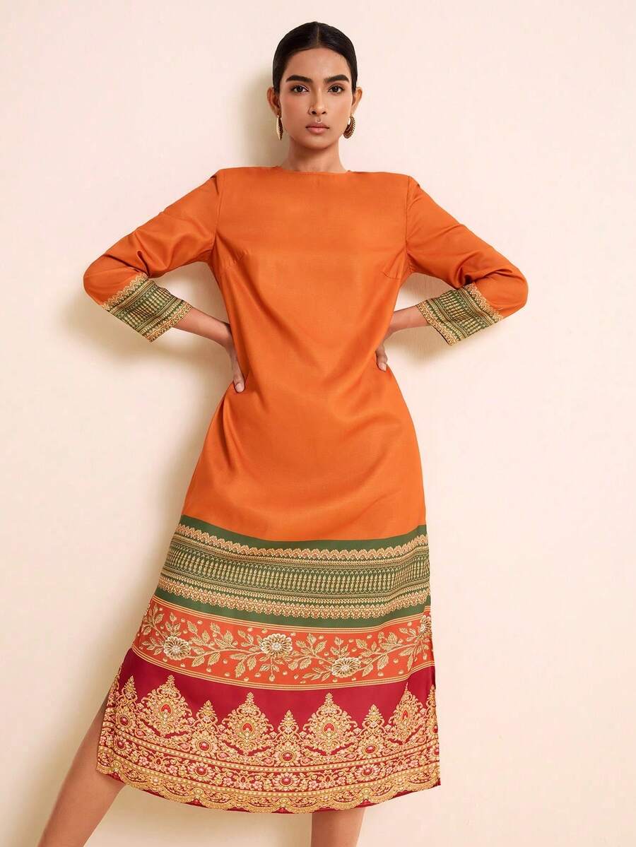 LOTSLUV Vestido ajustado de manga larga con estampado naranja para mujer, primavera/verano, vacaciones - Multicolor - Ver 1