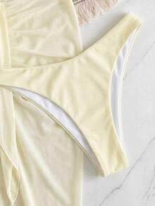 Traje de baño de 3 piezas amarillo crema para mujer de verano, vestido maxi con abertura de gasa, estilo de vacaciones, moda romántica para fiesta y vacaciones - Amarillo claro - View 7