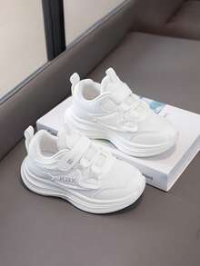 Kids' Breathable Mesh Hook And Loop White Sneakers, Lightweight Soft-Soled Athletic Shoes For Boys And Girls, Versatile Running Shoes For School. - White - View 1