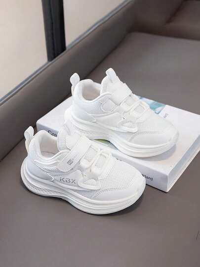 Kids' Breathable Mesh Hook And Loop White Sneakers, Lightweight Soft-Soled Athletic Shoes For Boys And Girls, Versatile Running Shoes For School.