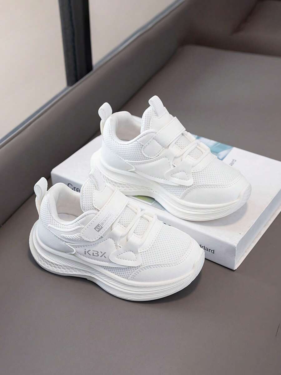 Kids' Breathable Mesh Hook And Loop White Sneakers, Lightweight Soft-Soled Athletic Shoes For Boys And Girls, Versatile Running Shoes For School. - White - View 1