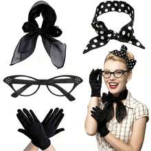 Set de 5 piezas de disfraz retro pop de los años 40-50, diadema con lunares rojos, gafas de ojo de gato, guantes de satén, atuendo estilo rock, adecuado para juego de roles de mujeres, fiesta de Halloween, fiesta temática de los años 40-50, mascarada, uso diario y reunión temática - Multicolor - Ver 8