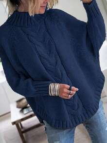 Plus Size Casual Solid Color Batwing Sleeve Pullover Sweater, Autumn/Winter - Sapphire - View 1