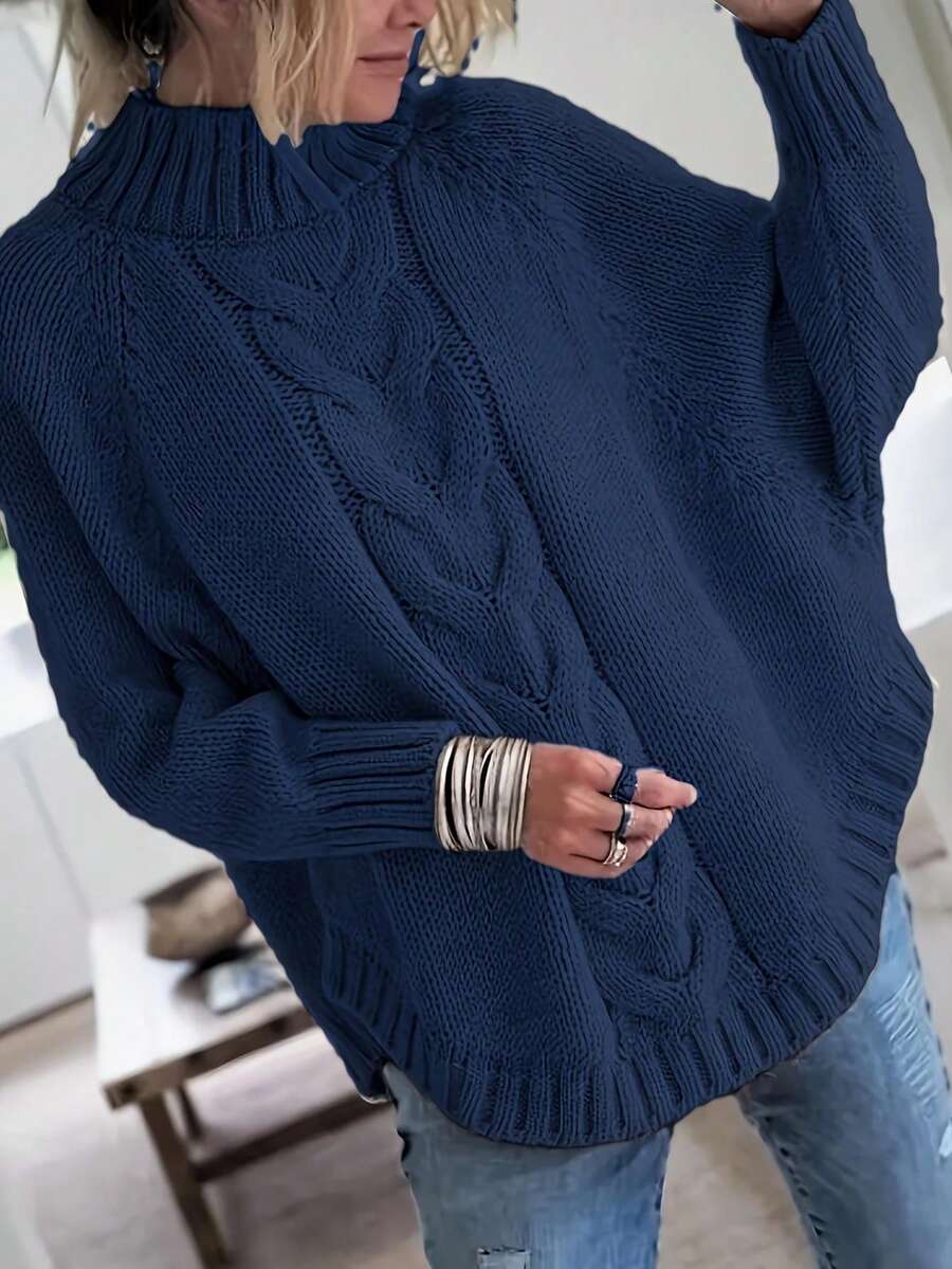 Plus Size Casual Solid Color Batwing Sleeve Pullover Sweater, Autumn/Winter - Sapphire - View 1