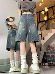 YCYC 美式復古牛仔 5 吋女款短褲，街頭直筒寬鬆修身顯瘦寬腿褲 - 淺色水洗藍 - 查看 6
