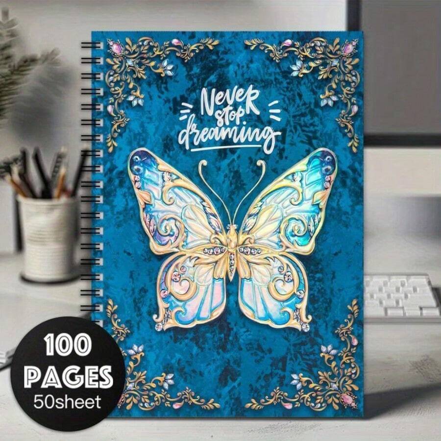 1pc Butterfly Spiral Notebook - Vibrant Blue And Gold Design, 100 Pages, Suitable For Work, Study, Journaling Or As A Gift, Featuring Exquisite Butterfly Decoration - B - View 1