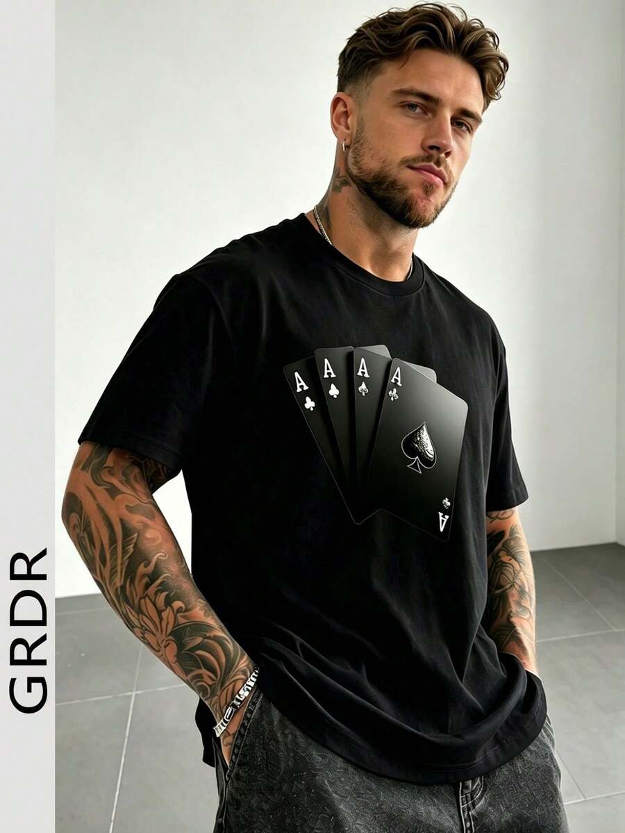 GRDR Men's Fashionable Printed Loose Short Sleeve T-Shirt | Exquisite Design | Summer Essential | Easy To Match | Showcase Your Style - Black - View 1