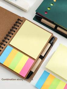 1/2/5pcs Notebook Set With Pen Holder And Random Color Index Label Stickers, Colorful Card Pen Design Spiral Bound Sticky Note Notebook, Creative Spiral Notebook Business Kraft Paper Notebook Sticky Note Combination Notepad, Suitable For Study And Office Use, Random Notebook, Sticky Note Set - Black - View 8
