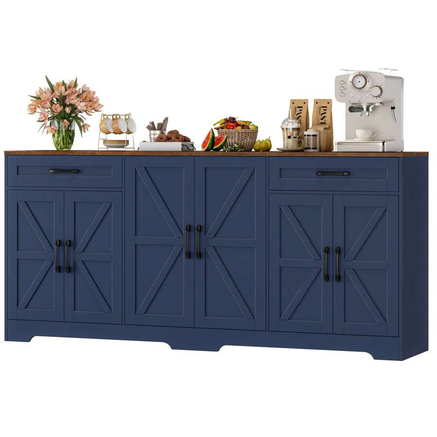 Sideboard, 180cm Large Kitchen Sideboard With 6 Barn Doors & 2 Drawers Farmhouse - 藍色 - 查看 1