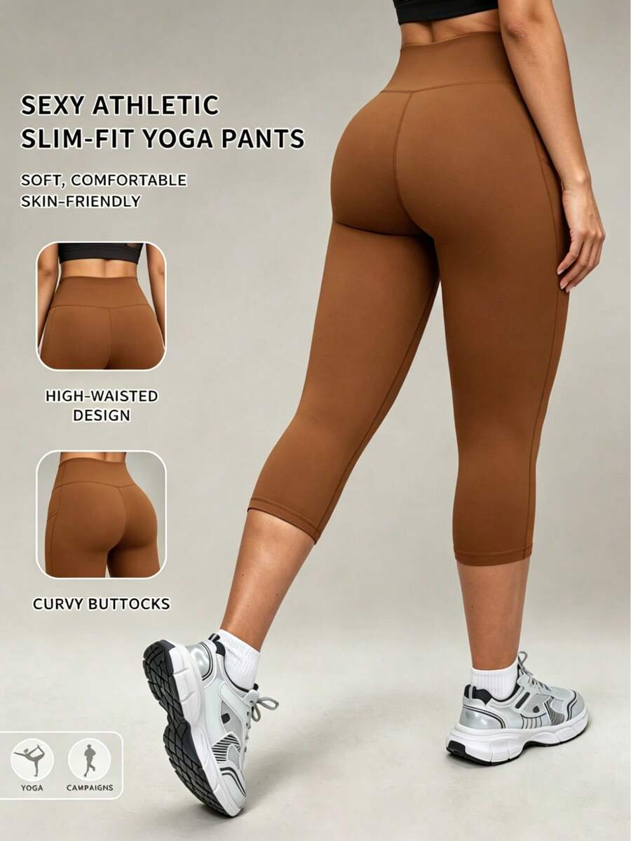 Solid Color Elastic Slim Fit 7/8 Length Leggings, Side Pocket Design, Yoga Pants, Comfortable For Fitness And Daily Wear - Brown - View 1