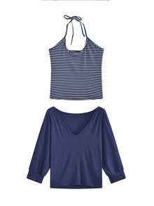 Kamisol Bergaris + Kaos V-Neck Longgar, Set 2 Potong Serbaguna untuk Memperampingkan Tubuh (Garis Acak) Elegan untuk Musim Panas - Angkatan laut - View 6