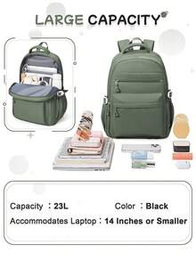 Fashionable College Student Backpack For Girl, 14-Inch Laptop Bag With Large Capacity And Waterproof Design, Lightweight Casual Daily Backpack Suitable For School, Work, Travel, Multi-Pocket Design With Water Bottle And Umbrella Side Pockets, Durable And Comfortable For Daily Commute And Weekend Outings - Multicolor - View 6