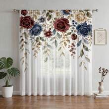 NOSBEI 1pc Watercolor Burgundy Red And Blue Rose Print Curtain, Semi-Sheer Light Filtering Curtain, Vintage Floral Pattern, Country Luxury Home Decor Curtain - Red - View 9