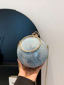 Round Spherical Clutch Bag, Sequin Wavy Pattern, Rhinestone Ring Handle, Detachable Chain Shoulder Strap, Crossbody & Handheld, Suitable For Party, Ball, Wedding, Summer Women - Baby Blue - View 3