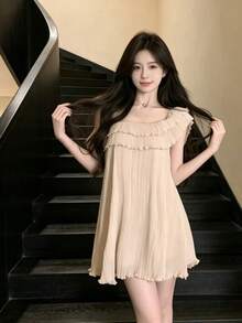 New Summer Collection: Women's Square Neck Frill Pleated Dress In Beige. Elegant And Feminine, Perfect For Dates, Parties, And Weddings. - Apricot (chiffon + Lining) - View 1