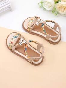 1 Pair Girls' Colorful Woven Open Toe Sandals With Elastic Back Strap Flat Design Suitable For Vacation And Other Occasions - Beige - View 2