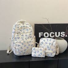 3pcs Nylon Bow Print Backpack Set, Foldable Multi-Po Cket Large CapacityWater-Resistant Zipper Backpack Suitable F Or Teenagers, High School - Blue - View 10