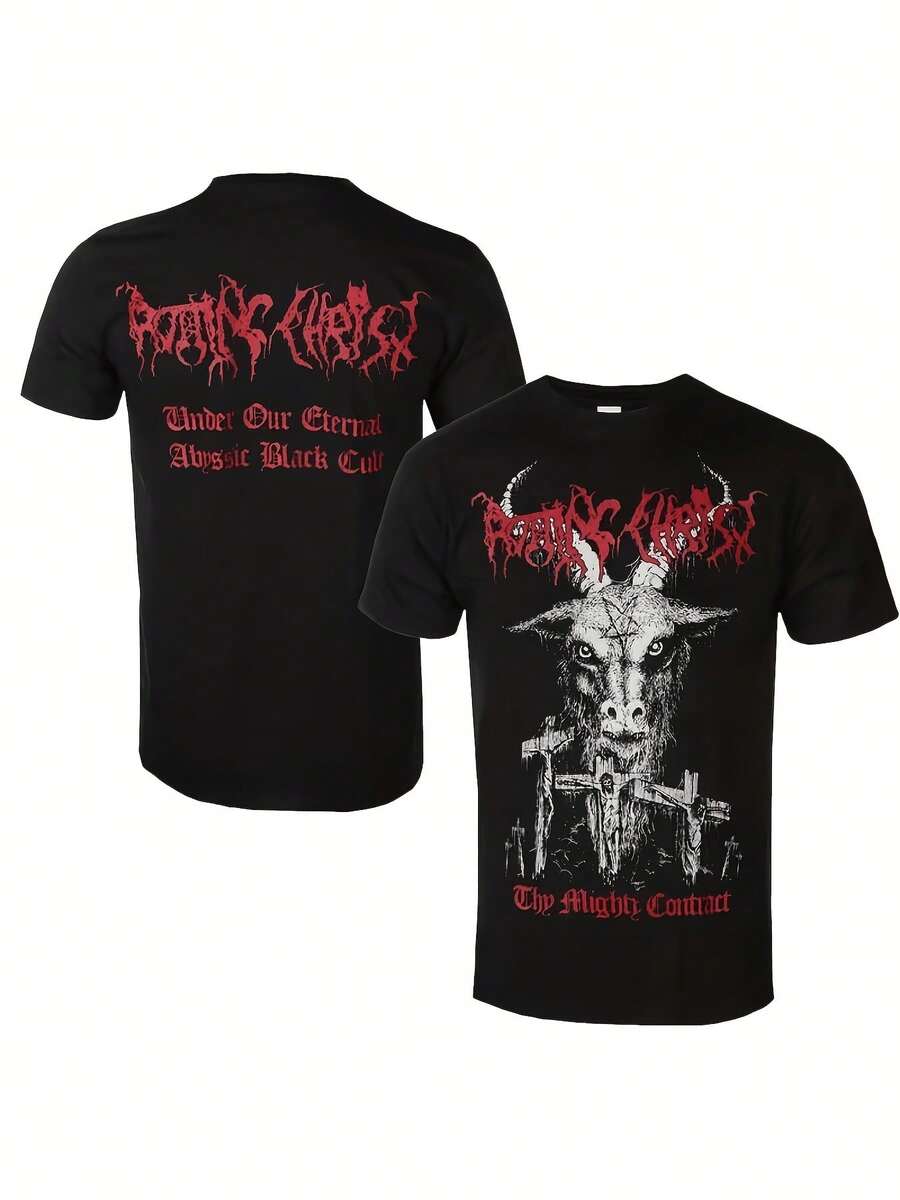 Camiseta Unisex de Estilo Gótico con Patrón Metálico - Diseño de Rotting Christ y Sick Gathering, con Estampado Rojo, Manga Corta y Cuello Redondo, Adecuada para Conciertos, Ropa Casual y - Negro - Ver 1