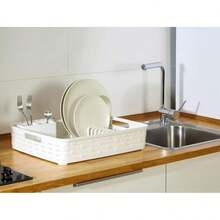 Organizador de escorredor de pratos Zylx Shopping com porta-talheres, série Bamboo (44x30x10 cm) - Disponível em 4 cores - Branco - Ver 7