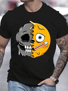 Camiseta de manga corta de algodón puro para hombre, corte oversize, estampado gráfico dividido de calavera y enfermo, uso casual diario - Negro - Ver 1