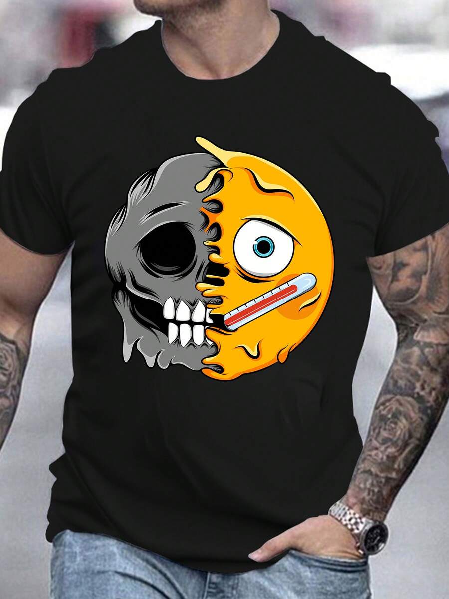 Camiseta de manga corta de algodón puro para hombre, corte oversize, estampado gráfico dividido de calavera y enfermo, uso casual diario - Negro - Ver 1