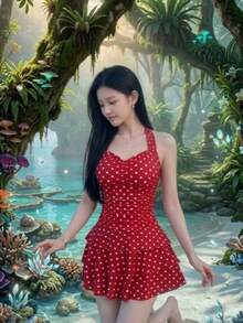 Red Polka Dot Retro Halter Neck One-Piece Swimsuit. A Body-Shaping Swimsuit That Enhances The Bust And Features An Open Back, Perfect For Hot Springs, The Beach, And Everyday Wear. - Multicolor - View 2