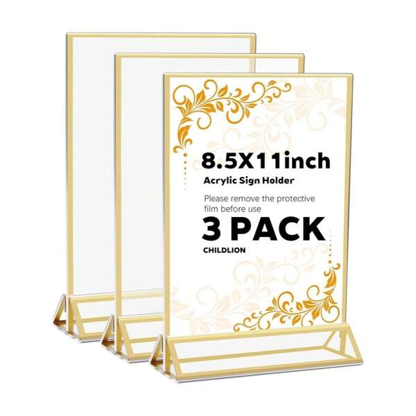 3pcs 8.5 X 11inch Acrylic Gold Frame,T-Shaped For Wedding Table Numbers, Restaurant Signs, Photos And Art Display