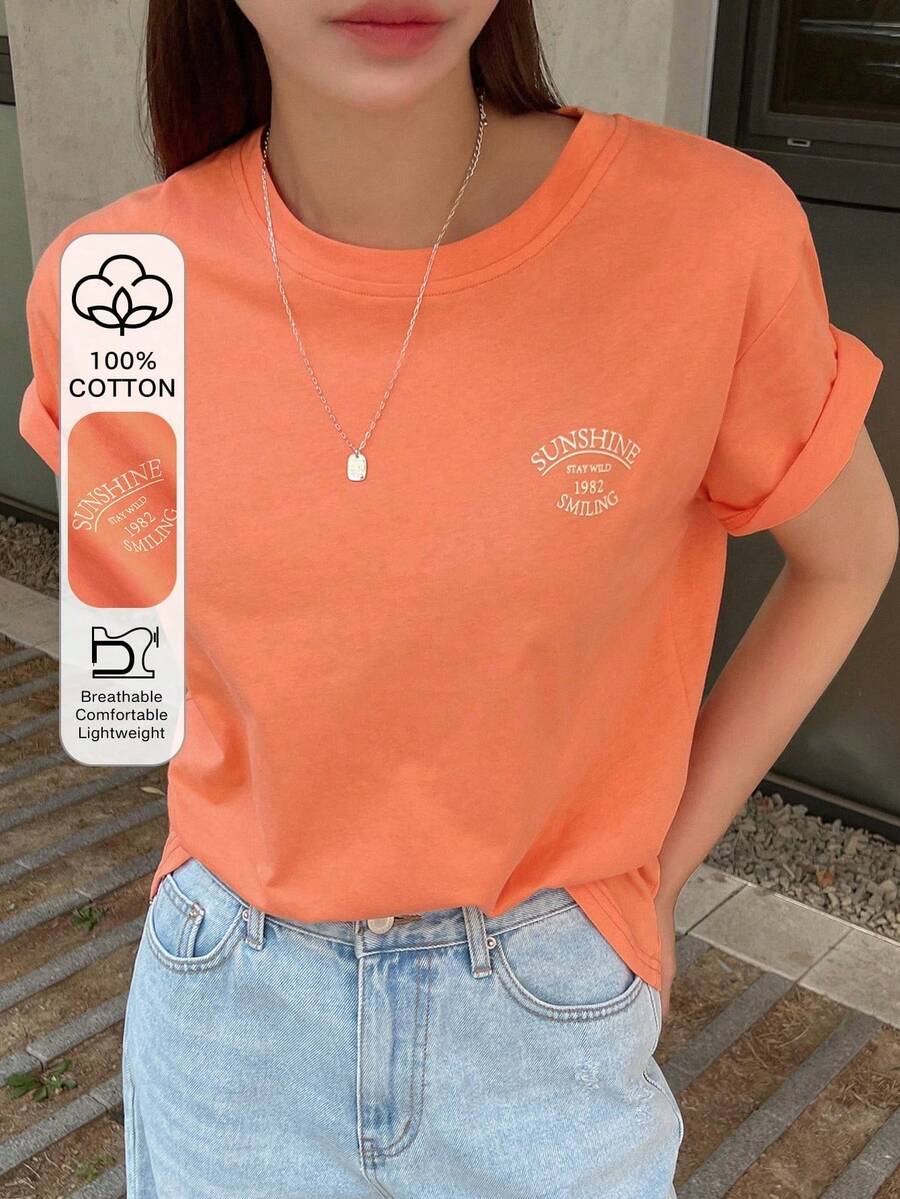 Camiseta con estampado de letra de cuello redondo - Naranja - Ver 1
