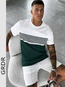 GRDR 男士休闲撞色圆领短袖T恤，舒适时尚 - 墨綠色 - 查看 1