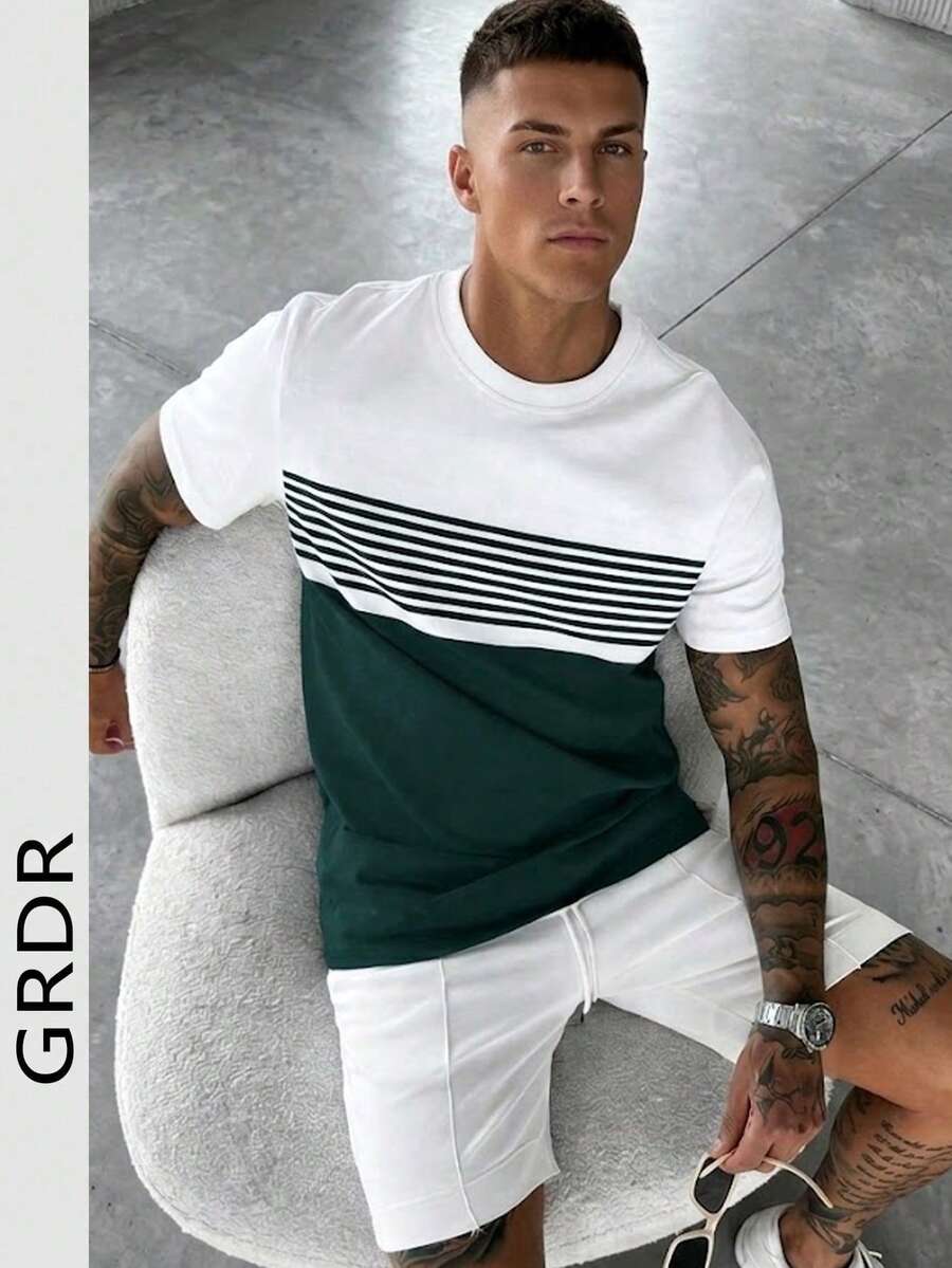 GRDR 男士休闲撞色圆领短袖T恤,舒适时尚 - 墨綠色 - 查看 1