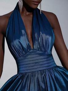 Elitara Elegante, romántico, minimalista, de moda, digno, verde oliva, tela de punto, cuello halter, espalda abierta, falda extra grande, con cola, d - Café integral - Ver 5