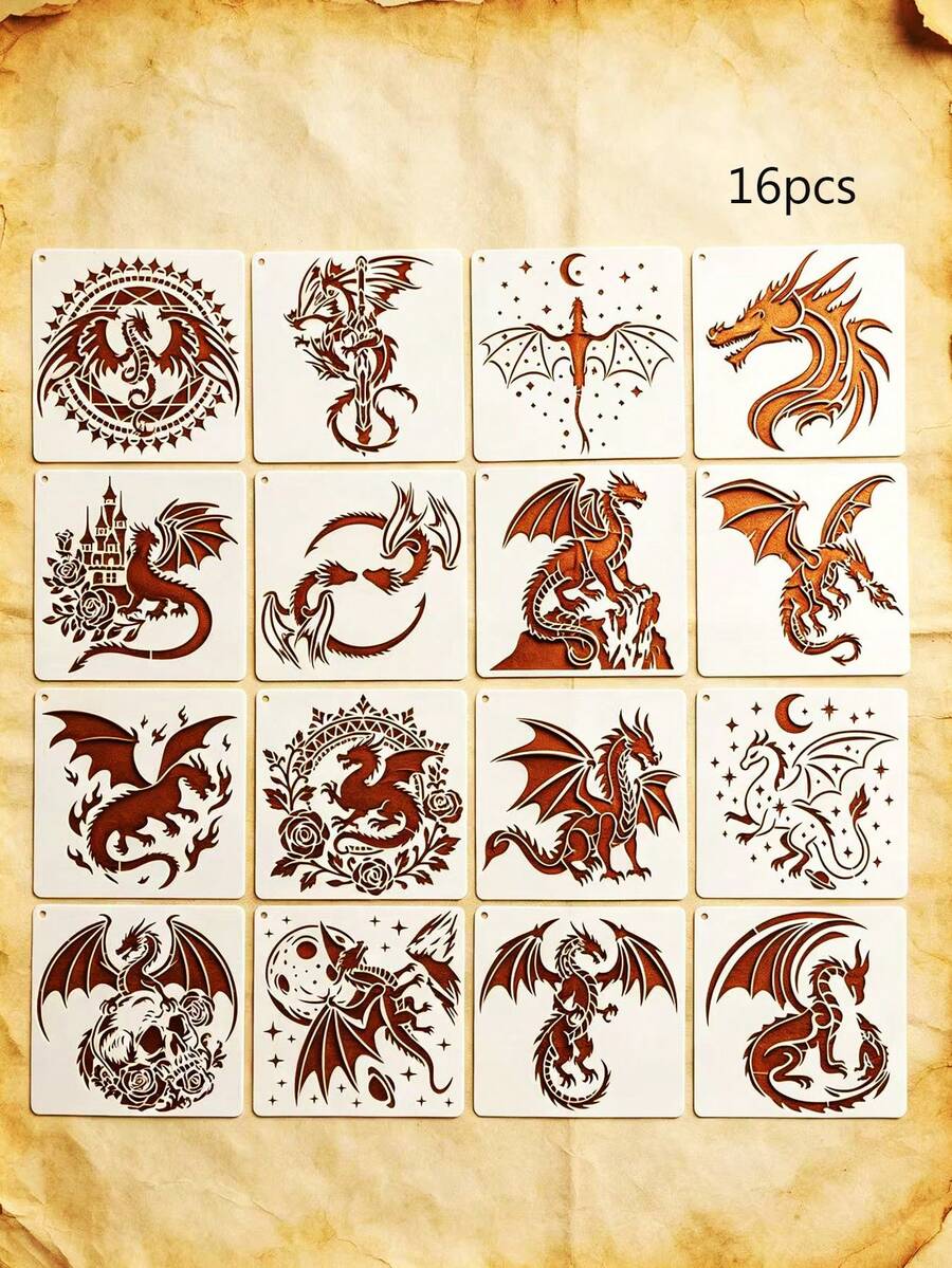 16PCS Hollow Dragon Pattern Stencils DIY For Wood, Ceramic, Fabric, Scrapbook, Gift Box Decoration, Reusable Spray Painting Printing Tool