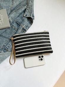 Fashion Spring/Summer New Hand-Carried Document Bag Hand-Held Envelope Bag Casual Black And White Color Block Striped Multi-Use Hand-Carried Straw Woven Colorful Envelope Women's Bag - Black and White - View 9