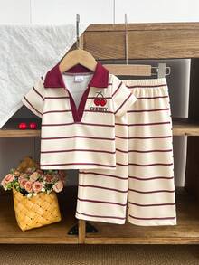 2pcs/Set Baby Girls' Collegiate Sports Style Cherry & Letter Embroidery Striped Polo Shirt + Matching Straight Pants Set, Summer - Apricot - View 3
