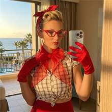 Set de 5 piezas de disfraz retro pop de los años 40-50, diadema con lunares rojos, gafas de ojo de gato, guantes de satén, atuendo estilo rock, adecuado para juego de roles de mujeres, fiesta de Halloween, fiesta temática de los años 40-50, mascarada, uso diario y reunión temática - Multicolor - Ver 5