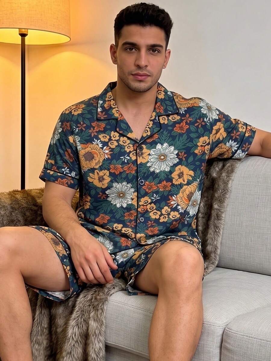 Men's 2-Piece Short Sleeve & Shorts Pajama Set, Comfortable Loungewear, Sunflower Fashion Casual Lapel Home Wear - Multicolor - View 1