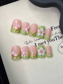 10pcs/Set Y2K Nails Handmade, Pink Nails, Green Cat's Eye Nails, Green French Tip Nails, 3D Pink Flowers Nails, Perfect For Parties & Daily Wear. Short Square Nails. Handmade Press On Nails Square, Fake Nails, Acrylic Nails, Short Nails, Summer Nails - Multicolor - View 1
