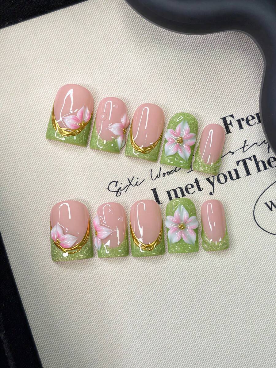 10pcs/Set Y2K Nails Handmade, Pink Nails, Green Cat's Eye Nails, Green French Tip Nails, 3D Pink Flowers Nails, Perfect For Parties & Daily Wear. Short Square Nails. Handmade Press On Nails Square, Fake Nails, Acrylic Nails, Short Nails, Summer Nails - Multicolor - View 1