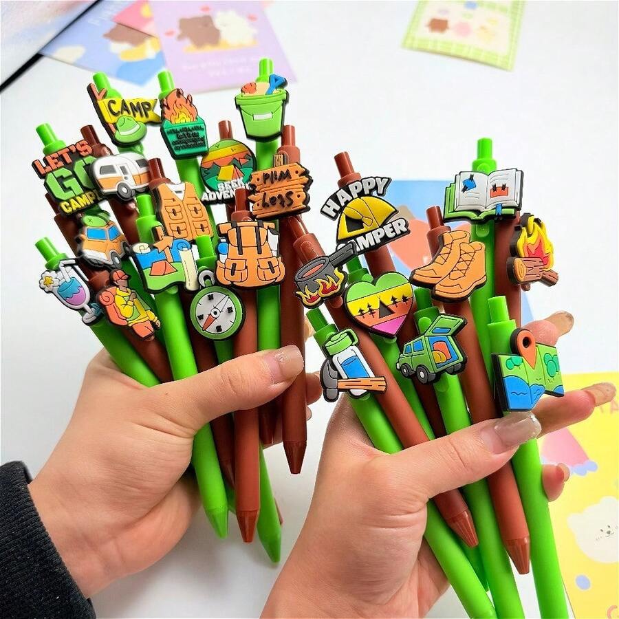 30pcs Creative Camping Leisure Ballpoint Pens, Random Patterns, Smooth Writing, Comfortable Grip, Holiday Party Gifts, Casual Beach, Student Teacher Office Staff Essential, Back To School Season, Perfect Treasure Gift For Friends - Sets - View 1
