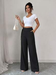 SwallowLucky Women's Fashion Deep Blue Fine Striped Wide Leg Pants, Drape Fabric, High Waist Metal Button Detail Black - Black - View 5